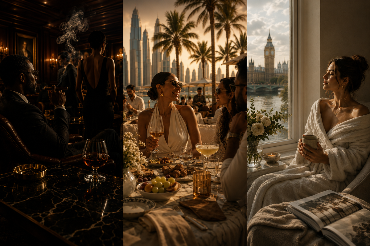 A triptych-style lifestyle scene showing three different warm-toned indoor/outdoor moments: a dimly lit dinner table with wine glasses and smoke, a group dining outdoors with palm trees and city skyline in the background, and a woman in a white robe sitting by a window with a river and tower visible.