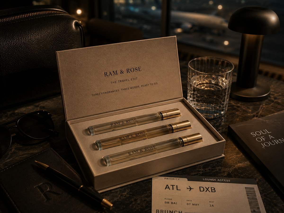 A boxed fragrance gift set labeled RAM & ROSE sits open on a dark tabletop, with three clear glass perfume vials and gold caps arranged inside. The scene includes a glass of amber liquid, sunglasses, a pen, a ticket stub, and a dark leather pouch, suggesting a moody lifestyle presentation.