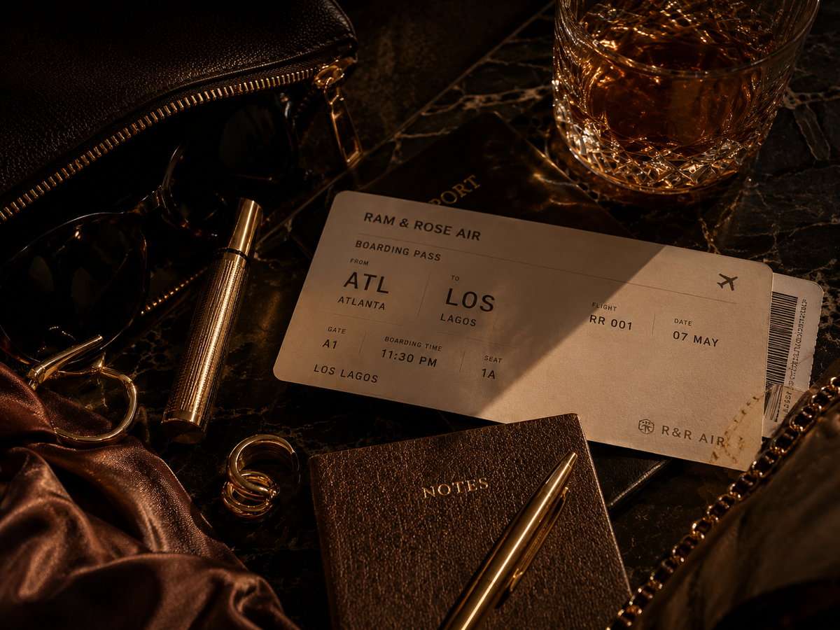 A styled flat-lay featuring a RAM & ROSE AIR boarding pass and matching RAR AIR notes journal, surrounded by a whiskey glass, sunglasses, a pen, and a leather zip case on a dark marble surface.