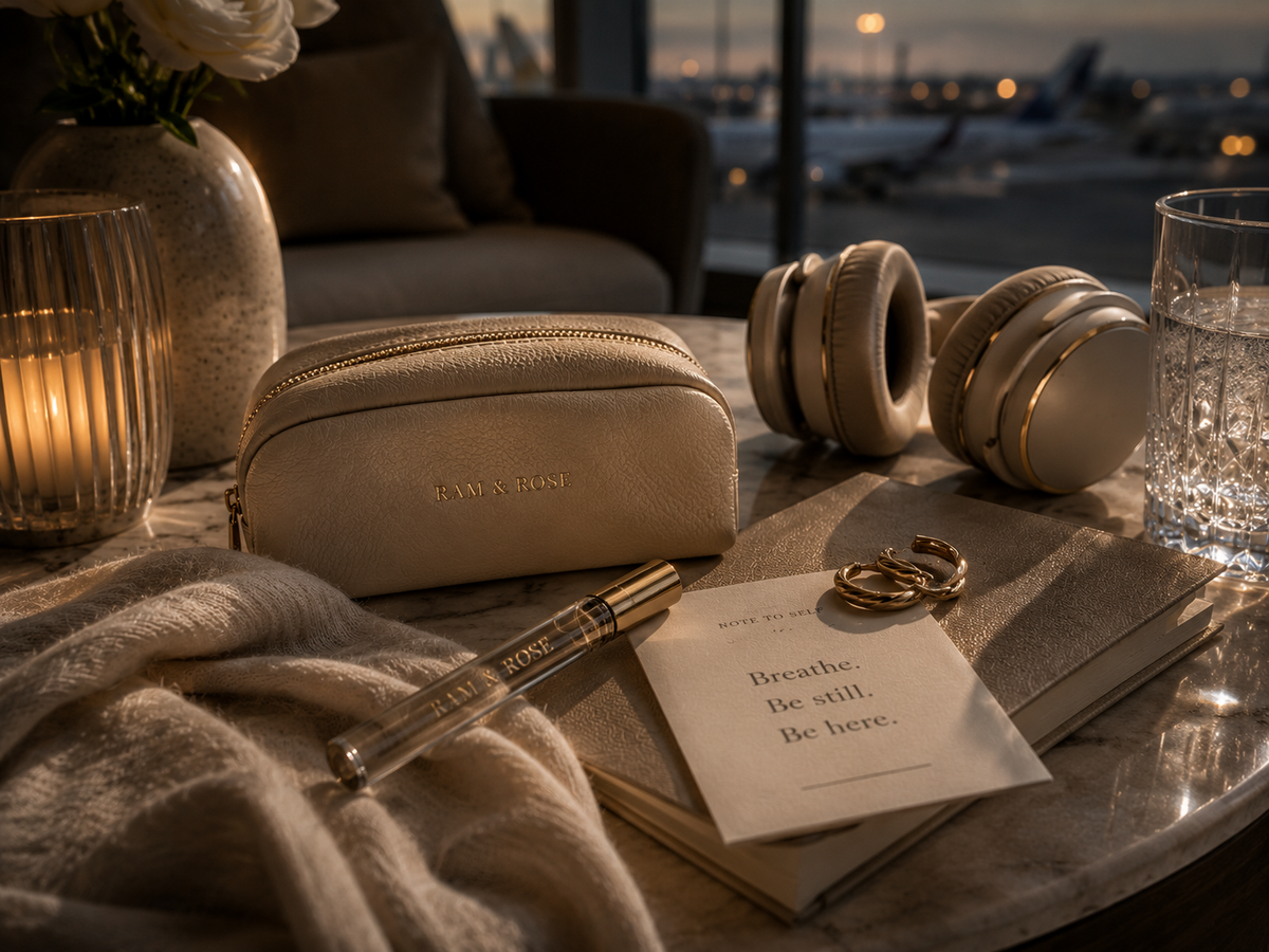 A beige leather cosmetic pouch with gold lettering sits on a marble table in a cozy, dimly lit lounge or airport lounge setting. Surrounding the pouch are a pair of beige over-ear headphones with gold trim, a clear glass of water, a silver pen, a small card reading 'Breathe: Be still.