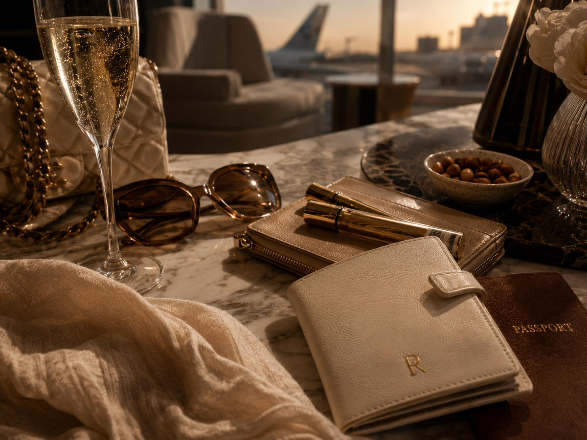 A close-up lifestyle shot of a woman's vanity table at sunset, featuring a cream-colored leather wallet with a gold monogram 'R' and a matching gold pen, alongside sunglasses, a champagne flute, a quilted handbag, and a passport.